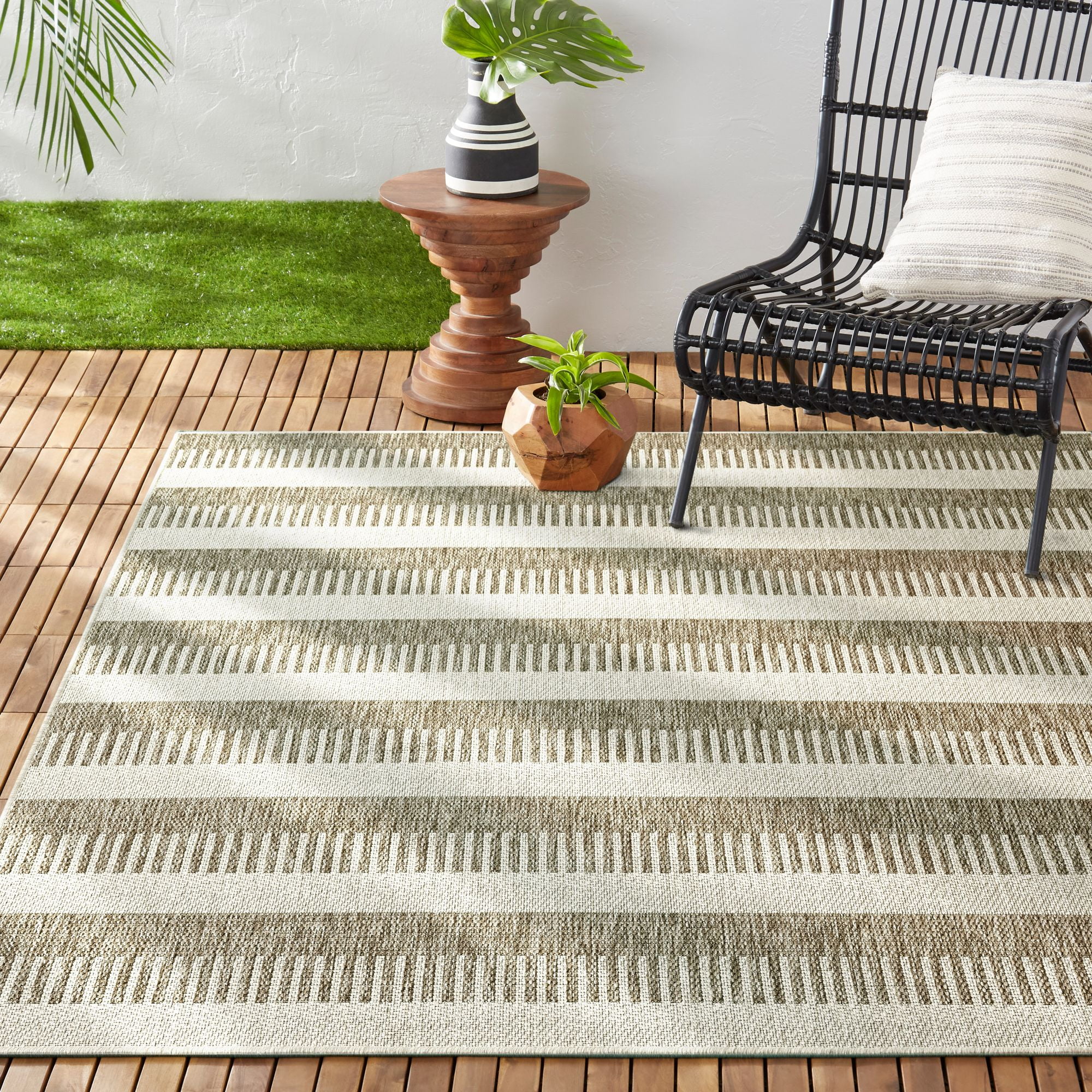 Taupe and Ivory Striped 8' x 10' Synthetic Rug