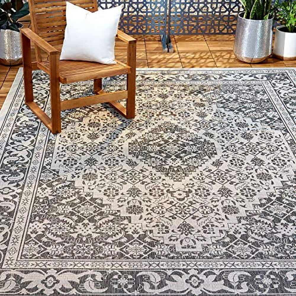 Gray and Black Medallion Synthetic Washable Rectangular Rug