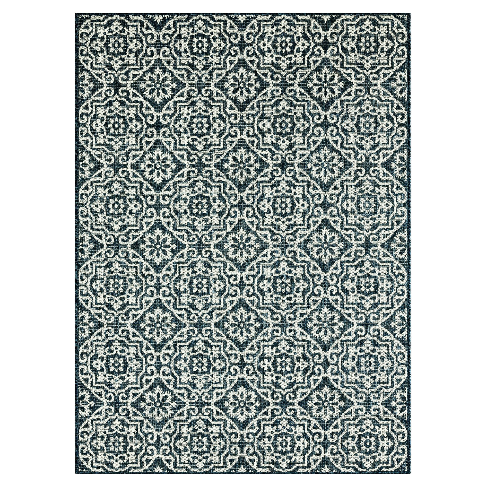 Teal Blue Geometric Synthetic Indoor/Outdoor Area Rug