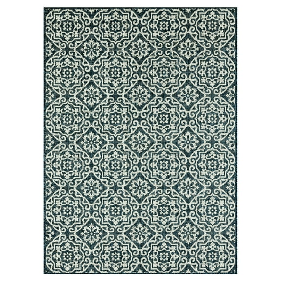 Nicole Miller New York Patio Country Danica Transitional Geometric Indoor/Outdoor Area Rug, Blue/White, 6'6"x9'2"
