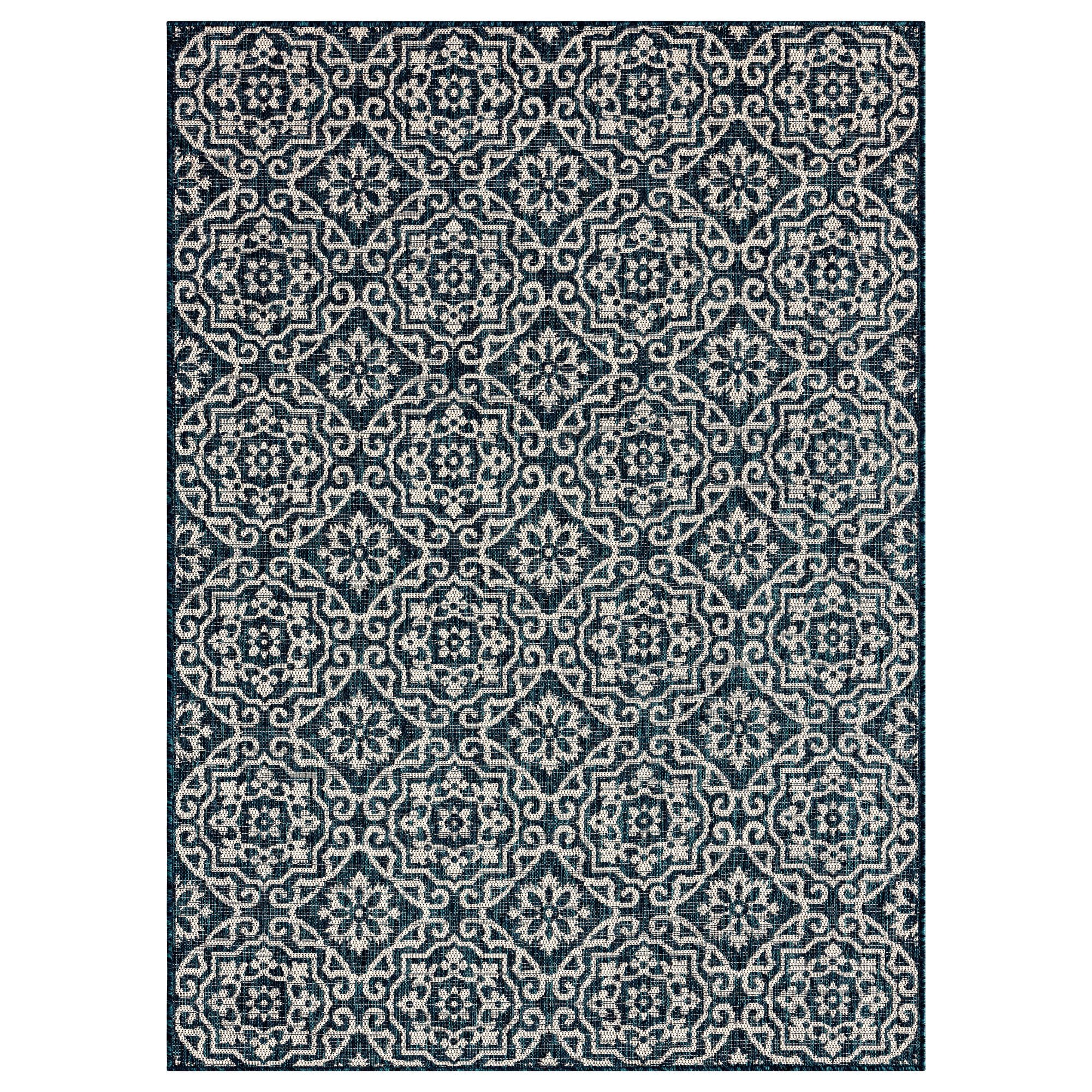 Navy Blue and Ivory Geometric Synthetic 8' x 10' Area Rug