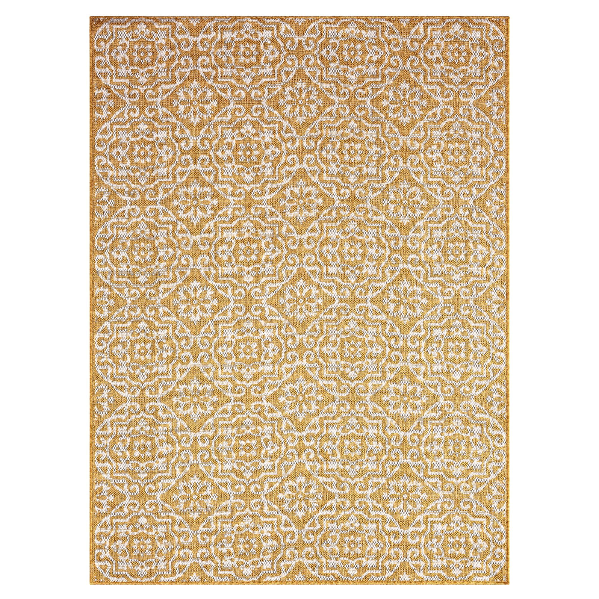 Yellow and White Geometric Synthetic 6' x 9' Rectangular Rug