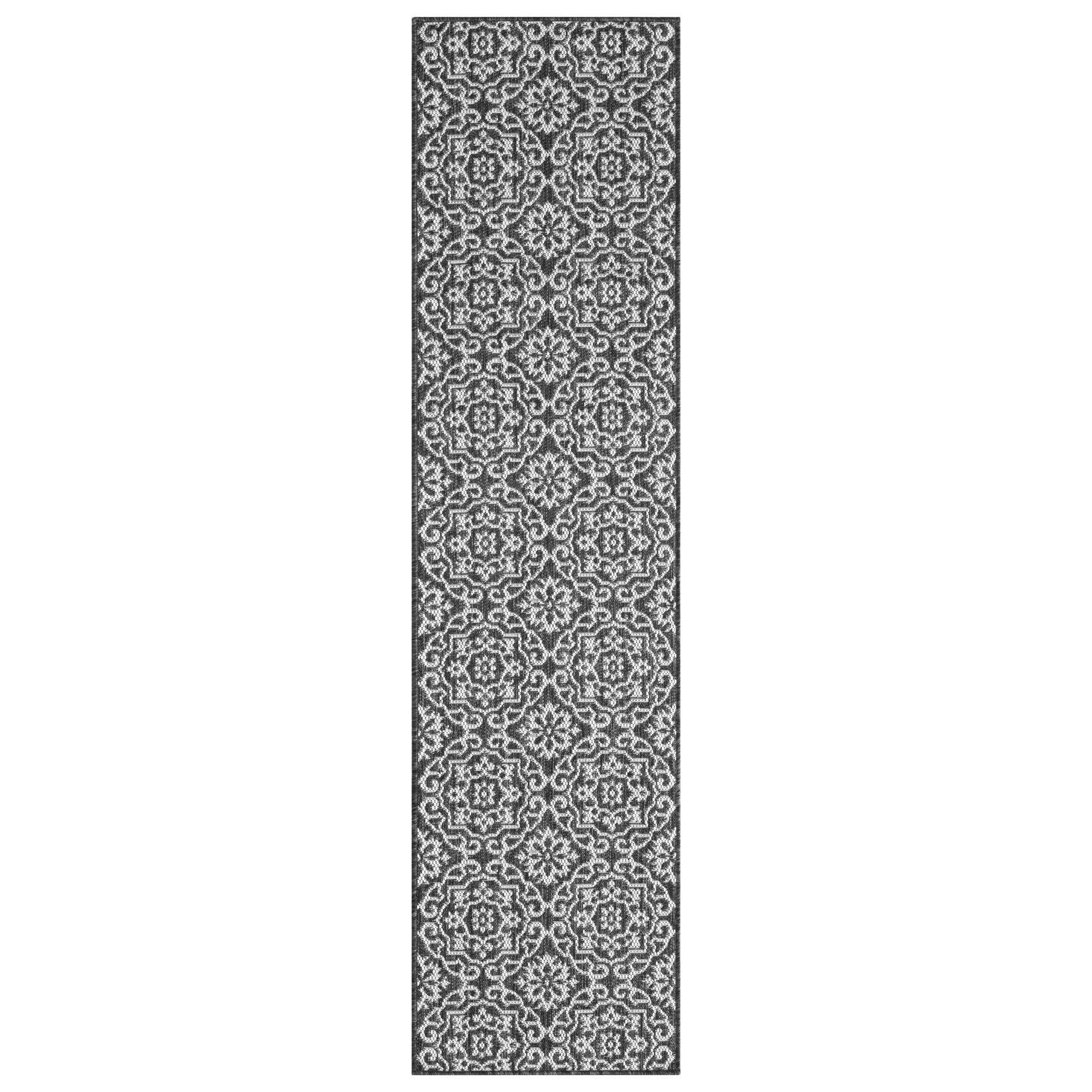 Nicole Miller New York Patio Country Danica Transitional Geometric Indoor/Outdoor Runner Area Rug, Black/Grey, 1'9"x7'2"