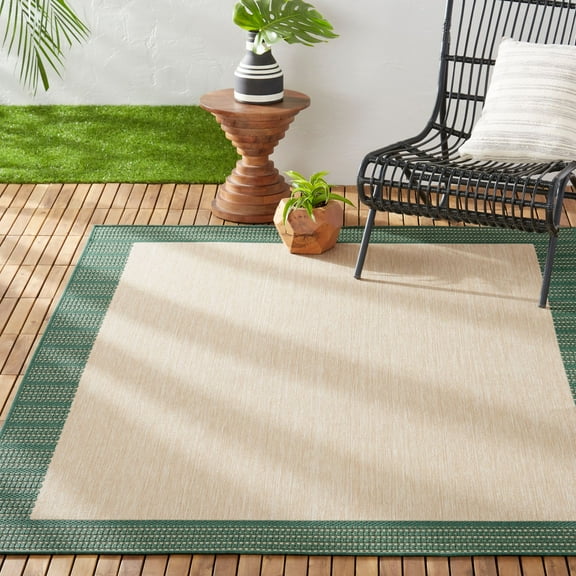 Nicole Miller New York Patio Country Landry Traditional Border Indoor/Outdoor Area Rug, Beige/Green, 7'9"x10'2"