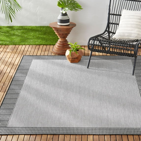 Nicole Miller New York Patio Country Landry Traditional Border Indoor/Outdoor Area Rug, Grey/Black, 7'9"x10'2"