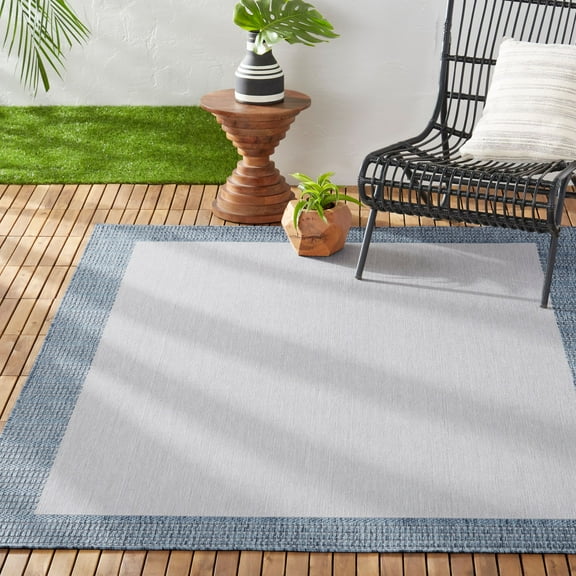 Nicole Miller New York Patio Country Landry Traditional Border Indoor/Outdoor Area Rug, Grey/Blue, 5'2"x7'2"