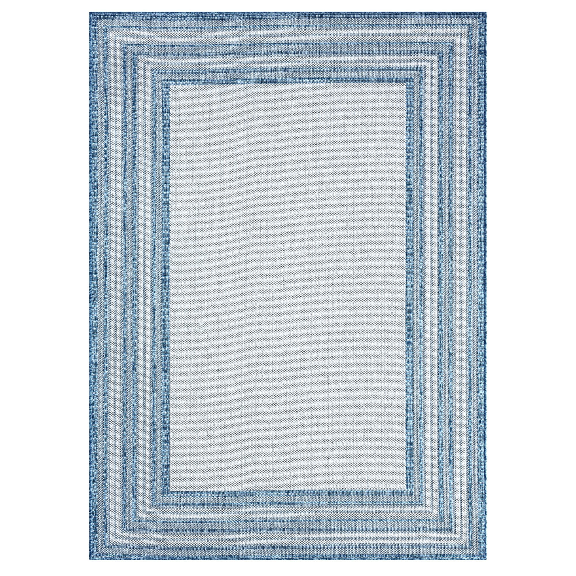 Blue and Ivory Striped Synthetic Indoor/Outdoor Area Rug