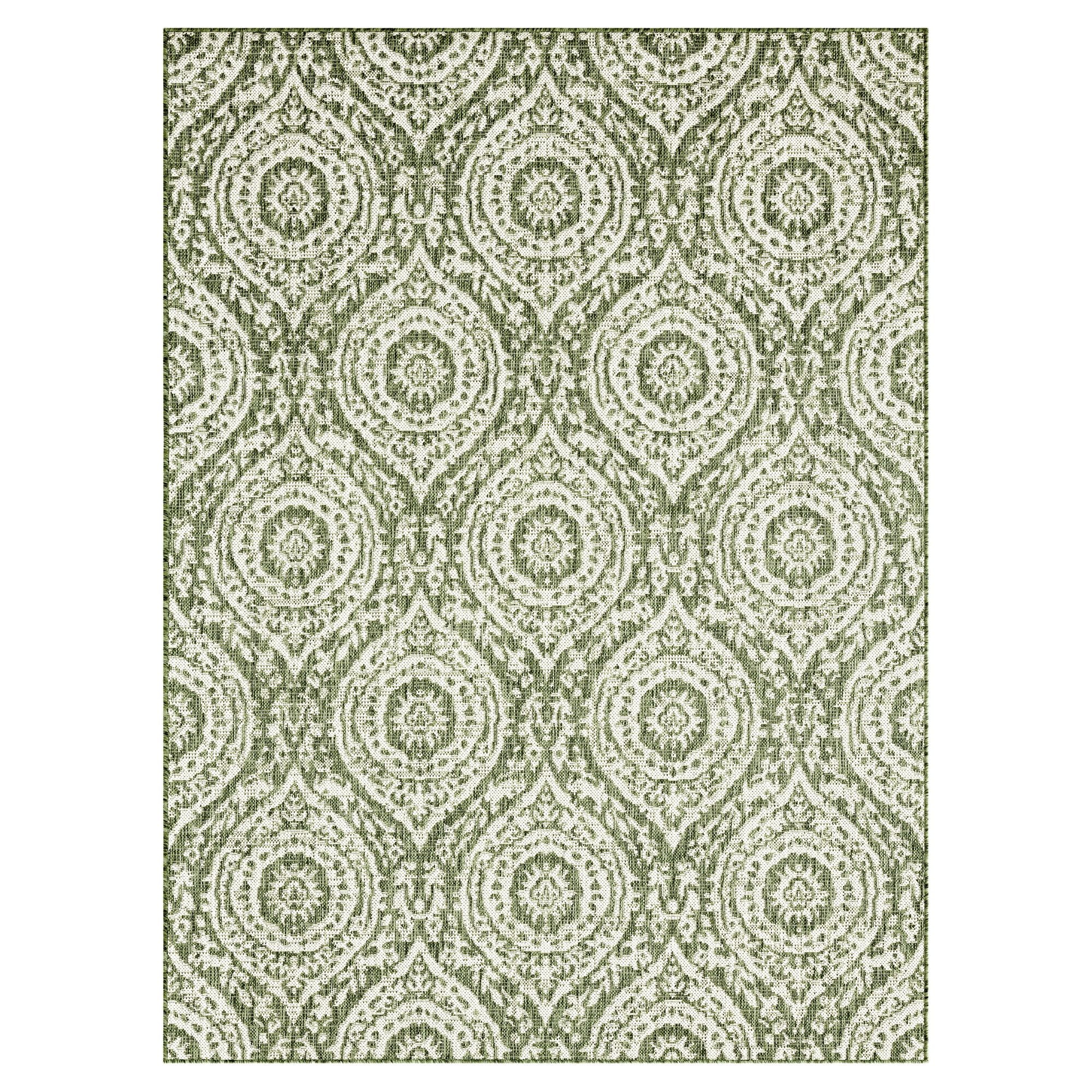 Olive and Ivory Moroccan Damask Indoor/Outdoor Rug