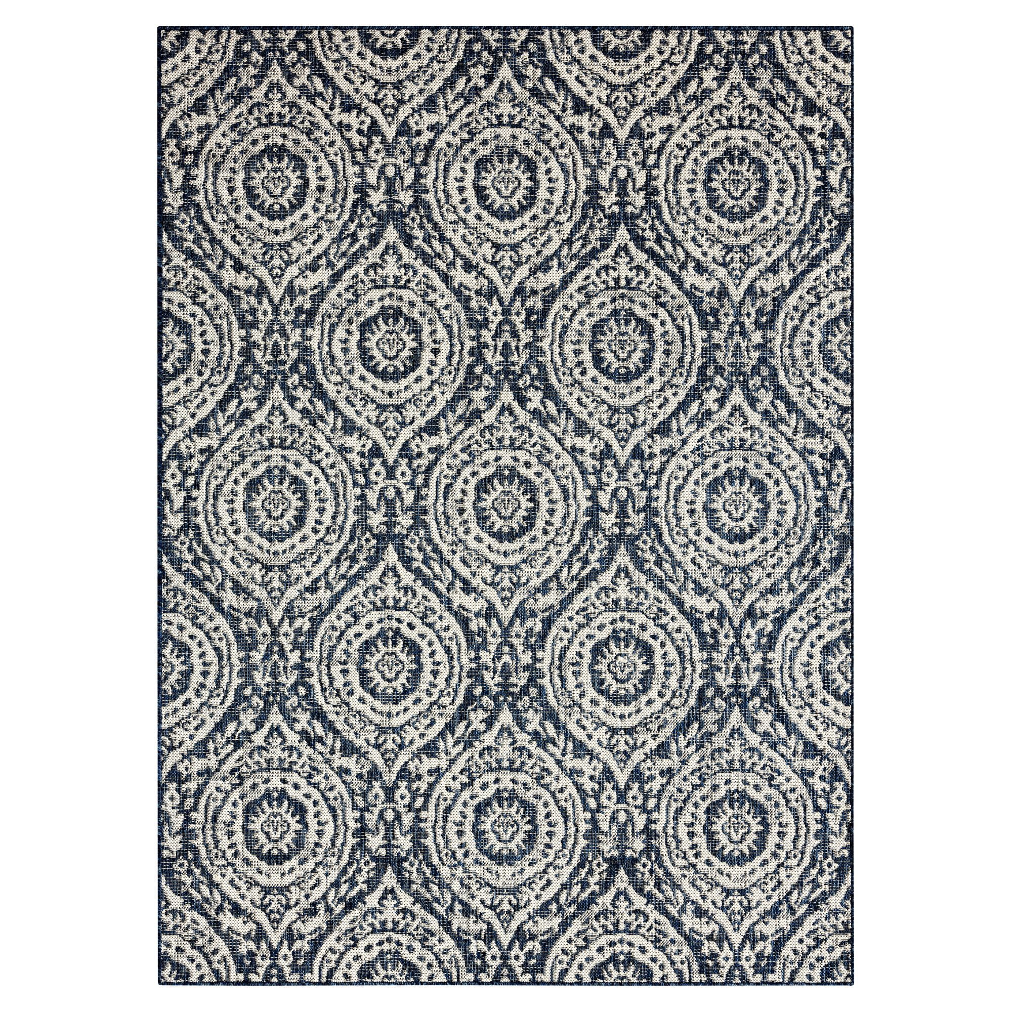 Navy Blue and Ivory Synthetic Moroccan Damask Area Rug