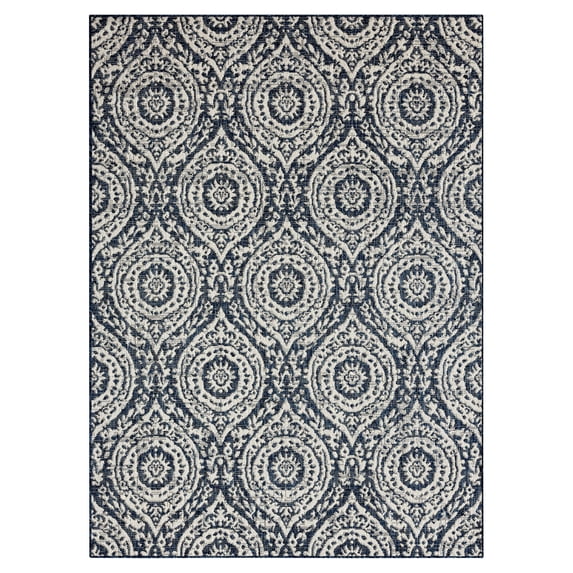 Nicole Miller New York Patio Country Zoe Moroccan Damask Indoor/Outdoor Area Rug, Navy Blue/Ivory , 5'2"x7'2"