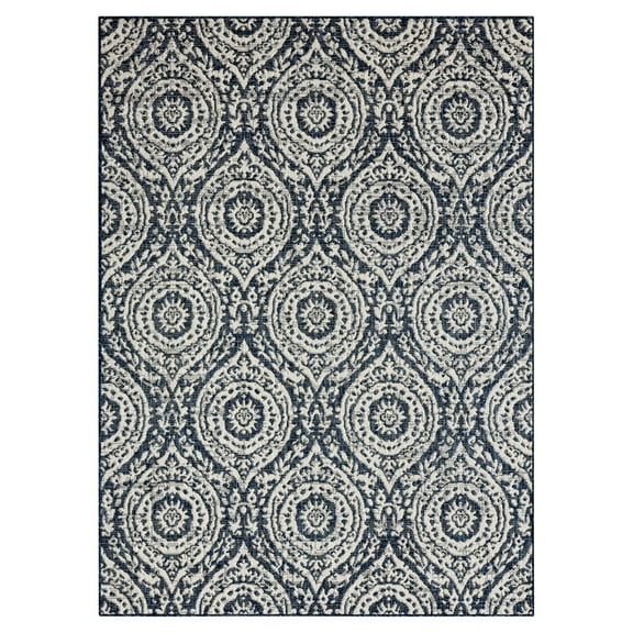 Nicole Miller New York Patio Country Zoe Moroccan Damask Indoor/Outdoor Area Rug, Navy Blue/Ivory , 7'9"x10'2"