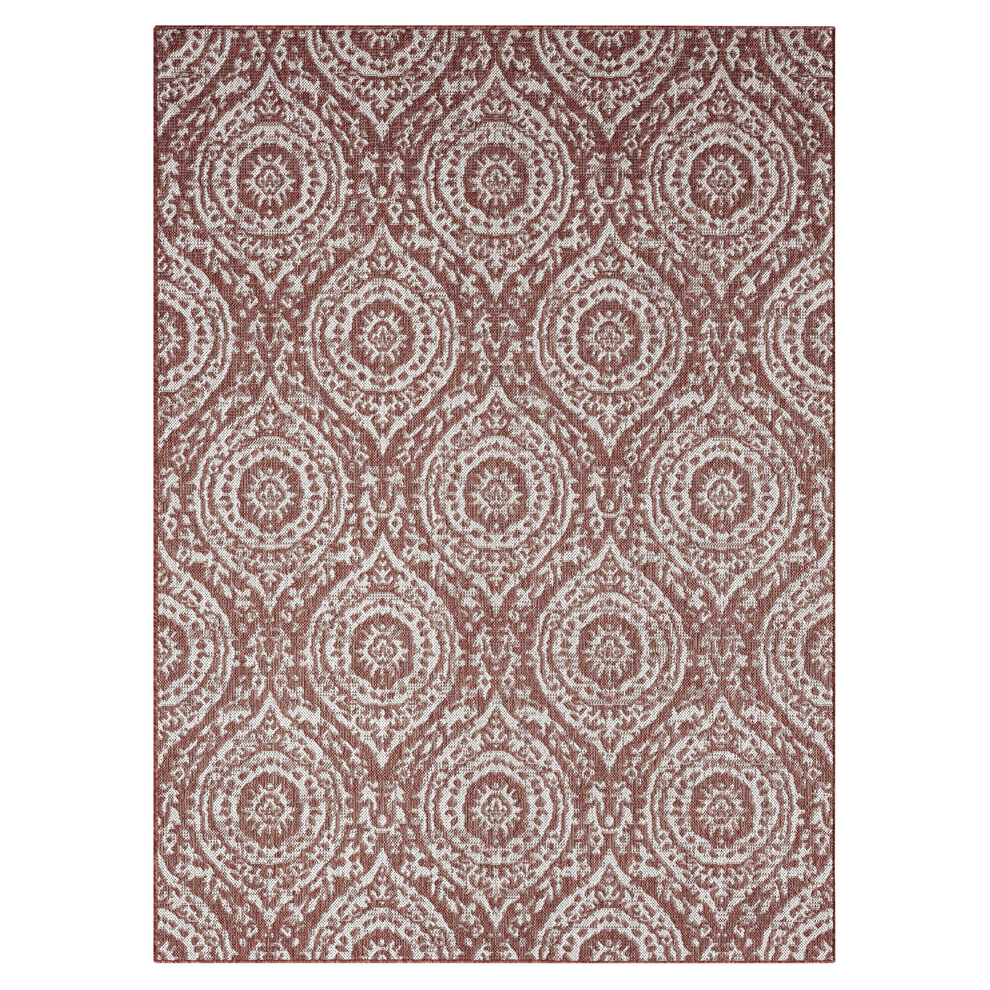 Terracotta & Ivory Moroccan Damask 8' x 10' Synthetic Outdoor Rug