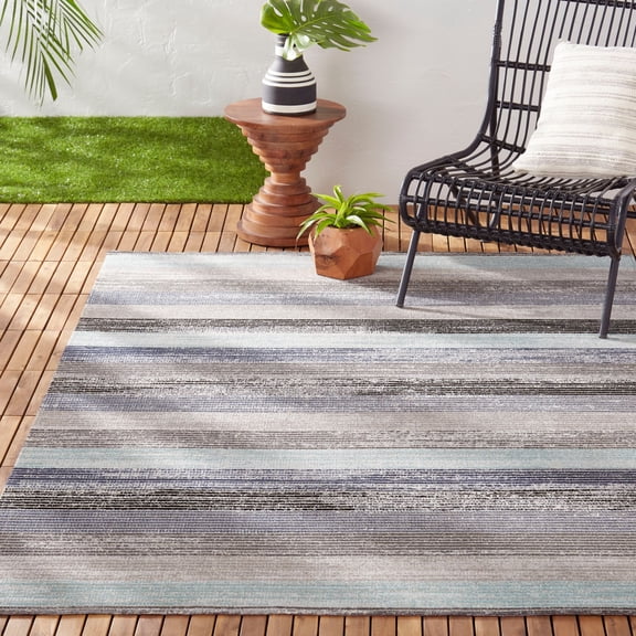Nicole Miller New York Patio Sofia Estelle Contemporary Abstract Striped Indoor/Outdoor Area Rug, Grey/Blue, 7'9"x10'2"