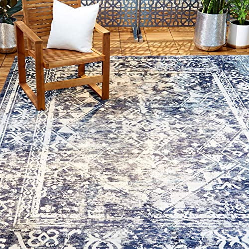 Navy Blue and Ivory Distressed Medallion 8' x 10' Indoor/Outdoor Rug