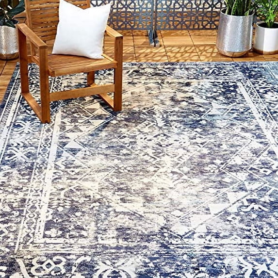 Nicole Miller New York Patio Sofia Ivy Transitional Distressed Indoor/Outdoor Area Rug, Navy Blue/Ivory, 7'9"x10'2"