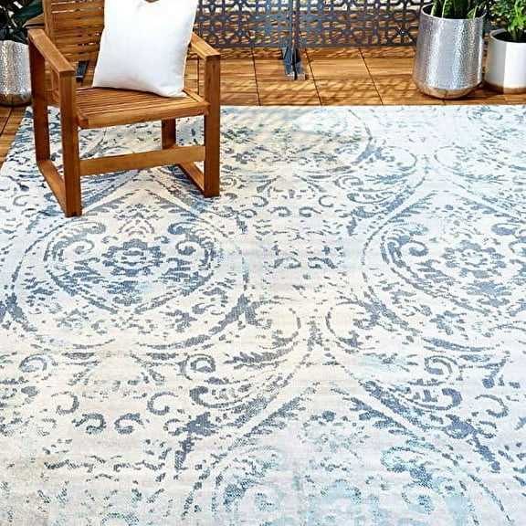 Nicole Miller New York Patio Sofia Juniper Transitional Paisley Indoor/Outdoor Area Rug, Ivory/Blue, 7'9"x10'2"