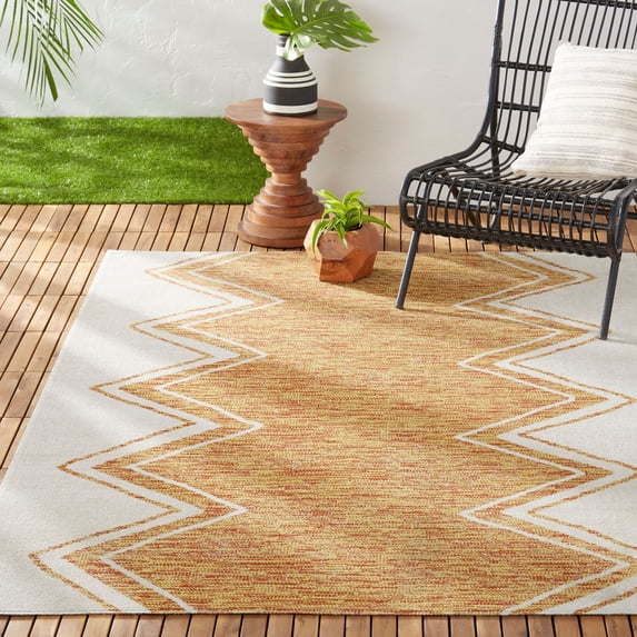Nicole Miller New York Patio Sofia Leon Southwest Tribal Indoor/Outdoor Area Rug, Ivory/Mustard, 7'9"x10'2"