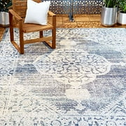 Nicole Miller New York Patio Sofia Magnolia Transitional Medallion Indoor/Outdoor Area Rug, Navy Blue/Ivory, 79x102