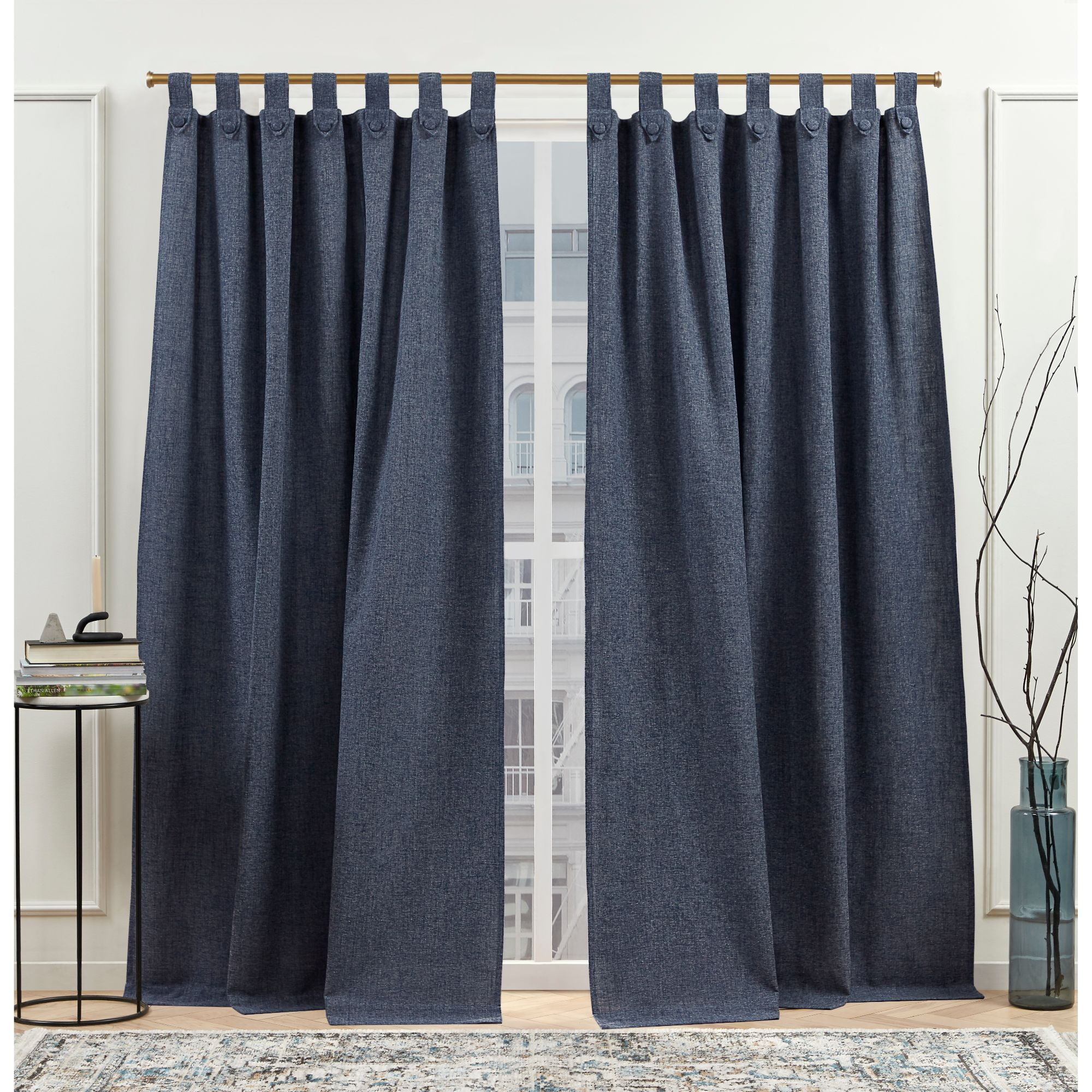 Nicole Miller New York Peterson Cotton Blend Tuxedo Tab Top Light Filtering Curtain Panels, 54"x 108", Indigo, Set of 2