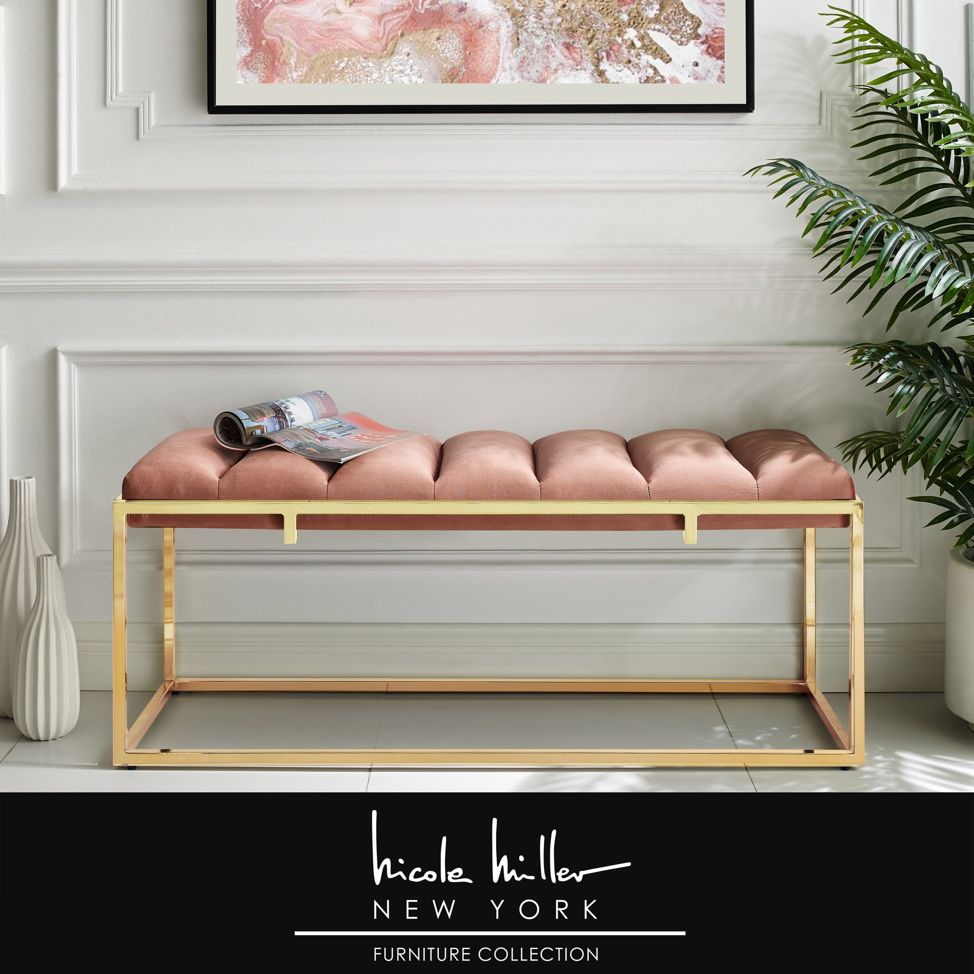 Nicole Miller New York Tristian Velvet Bench, Blush/Gold