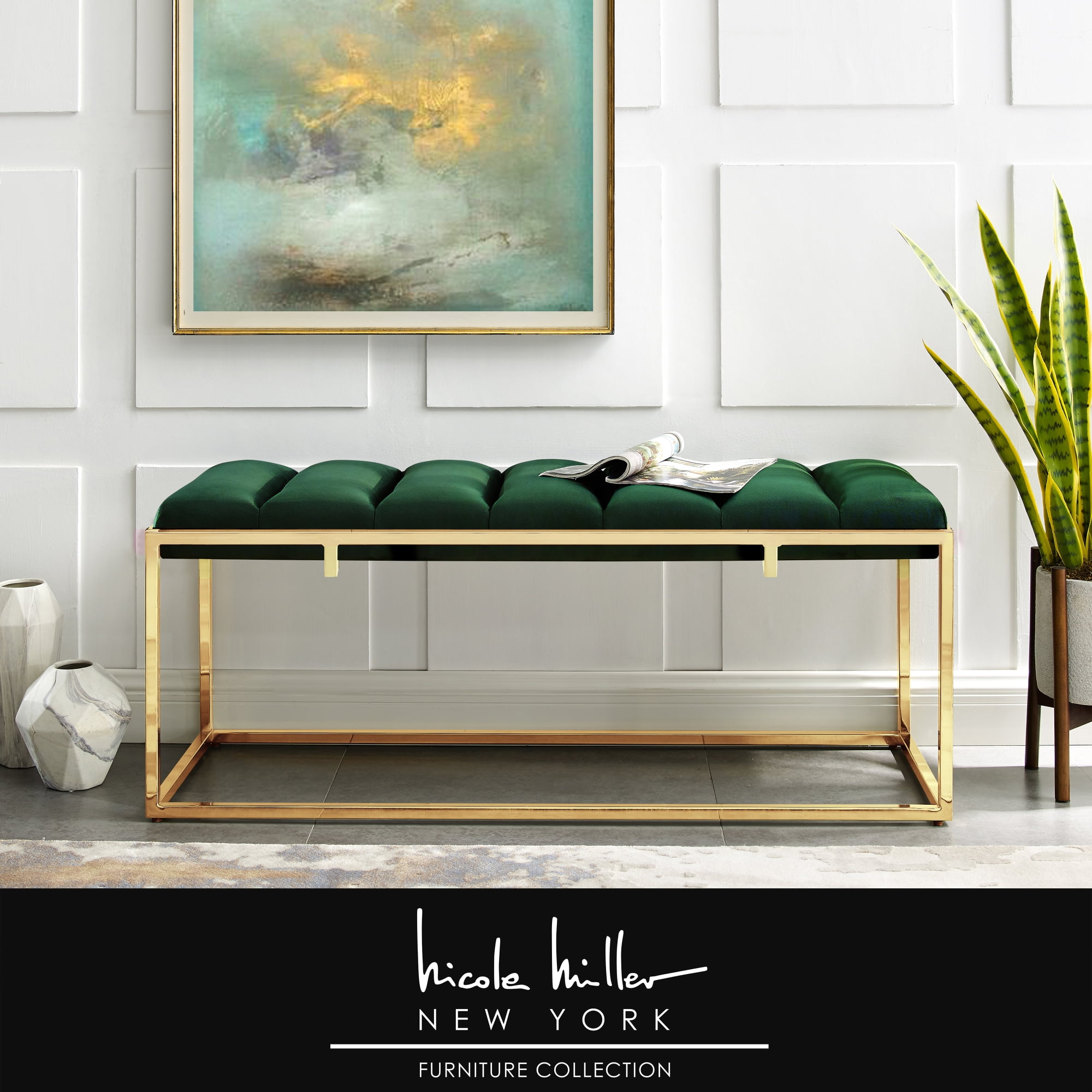 Nicole Miller New York Tristian Velvet Bench, Green/Gold