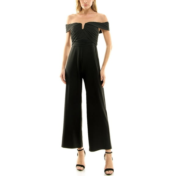 Nicole Miller Off Shoulder Ruched Front Zipper Back Solid Scuba Jumpsuit-VERY BLACK / 8