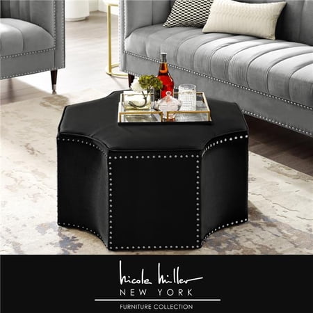 Nicole Miller Posh Living Runrawin Velvet Octagon Cocktail Ottoman, Black Velvet & Chrome - 27 x 29 x 33.5 in.