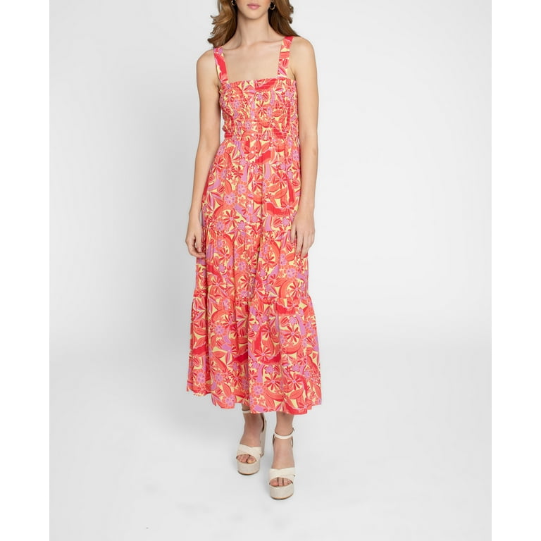 Nicole Miller Printed Smocked Midi Dress Red Multi L Walmart
