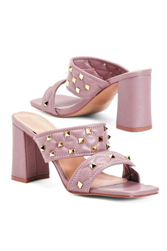 Quilted Studded Square Toe Block Heel Slide-on Sandals (Pink, 8.5)