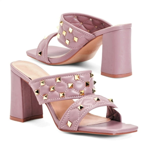 Nicole Miller Quilted Studded Square Toe Block Heel Slide-on Sandals (Pink, 9)