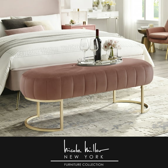 Nicole Miller Ridge Velvet Bench Upholstered Side Channel Tufted Matte Finish Metal Base, Blush/Gold