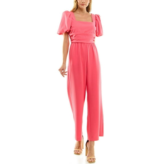 Nicole Miller Square Neck Puff Short Sleeve Ruched Zipper Back Solid Scuba Crepe Jumpsuit-CAMILLIA ROSE / 6