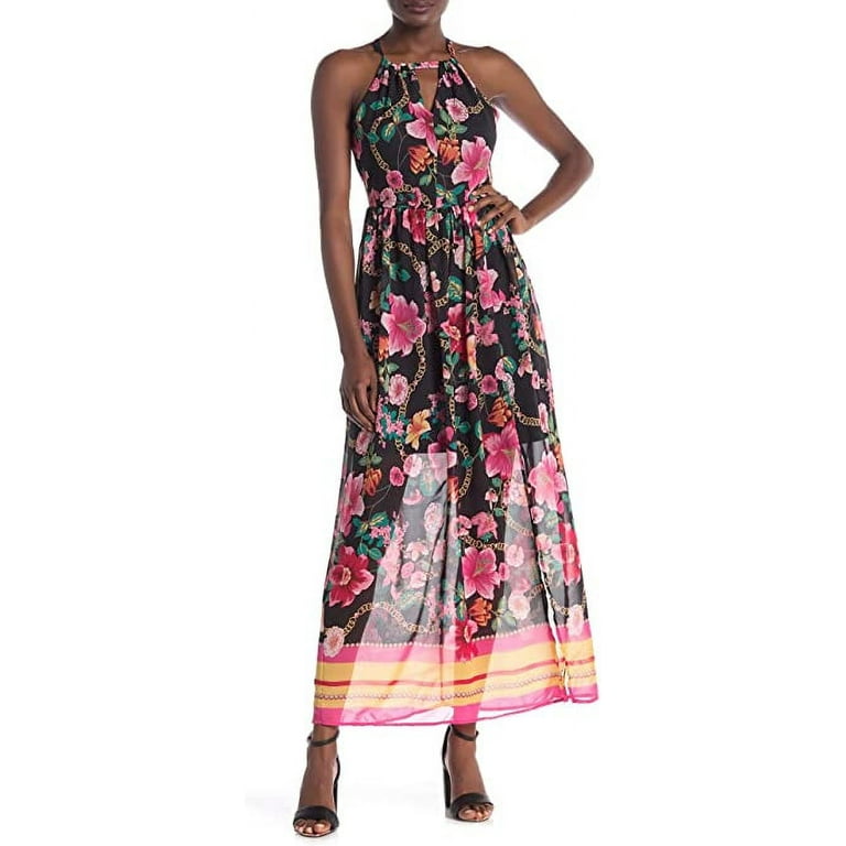 Nicole Miller Studio Sleeveless Keyhole Floral Print Maxi Dress Black Fuschia 10 Walmart