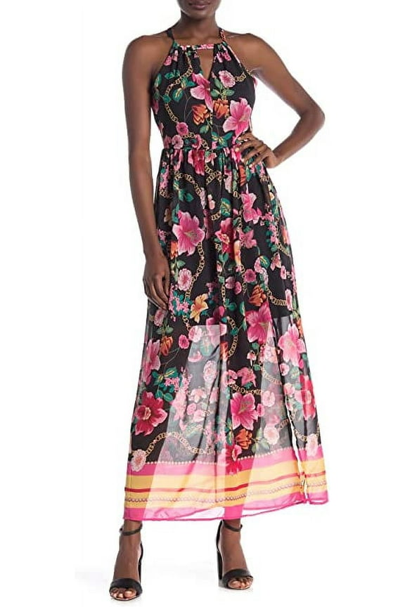 Studio Sleeveless Keyhole Floral Print Maxi Dress Black Fuschia, 10