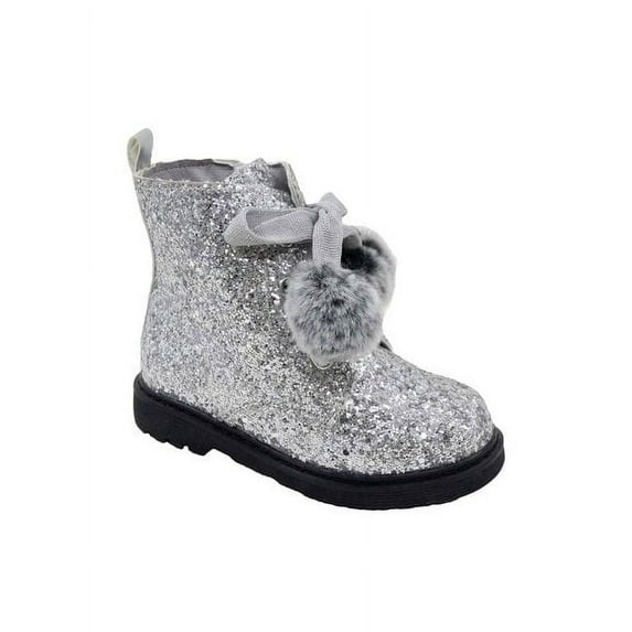 Nicole Miller Toddler Faux Fur Silver Glitter Boots with Pom Poms - Size 10
