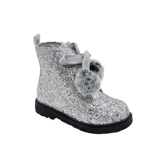 Nicole Miller Toddler Faux Fur Silver Glitter Boots with Pom Poms - Size 6