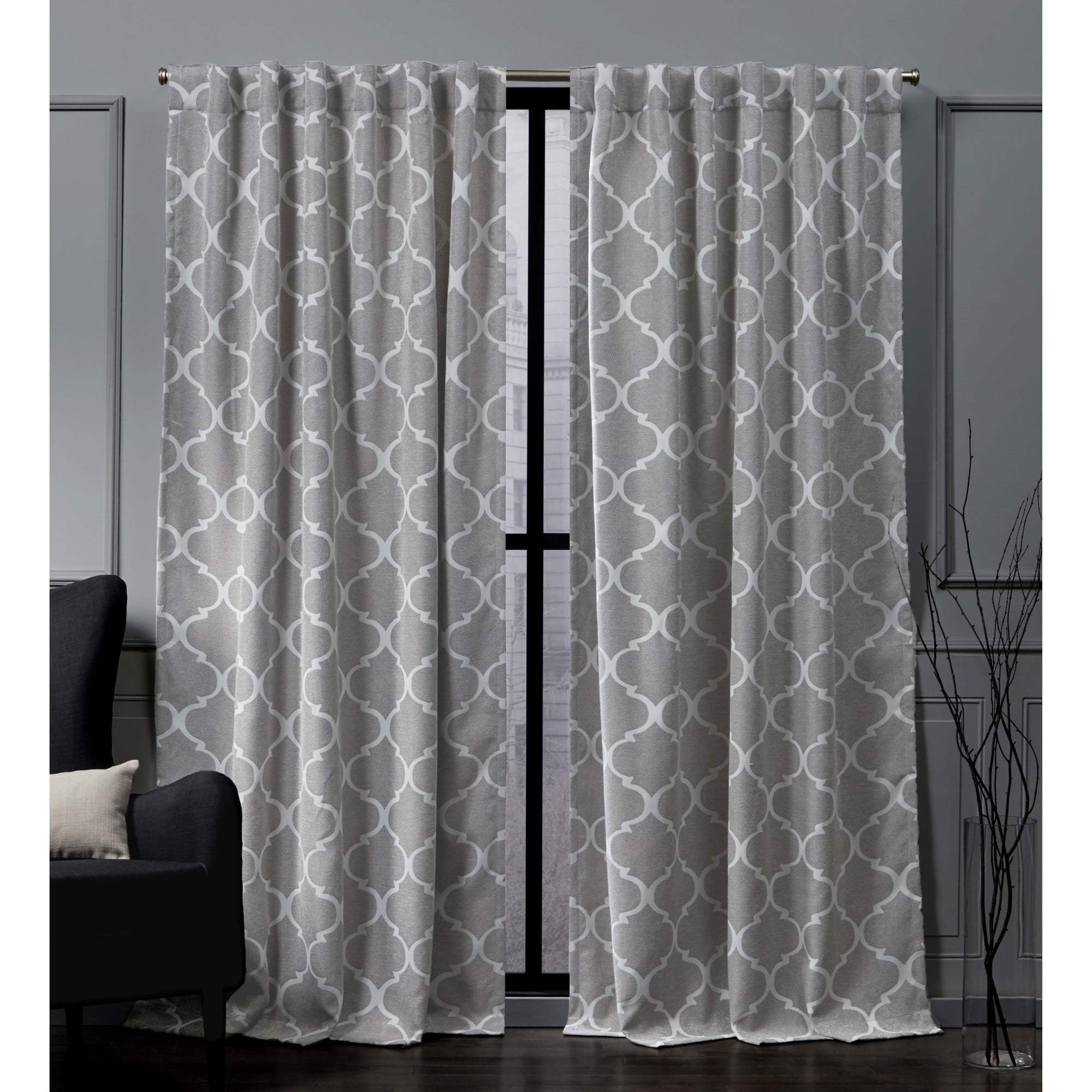 Nicole Miller Treillage Woven Room Darkening Blackout Hidden Tab/Rod Pocket Top Curtain Panel Pair, 52"x84", Ash Grey