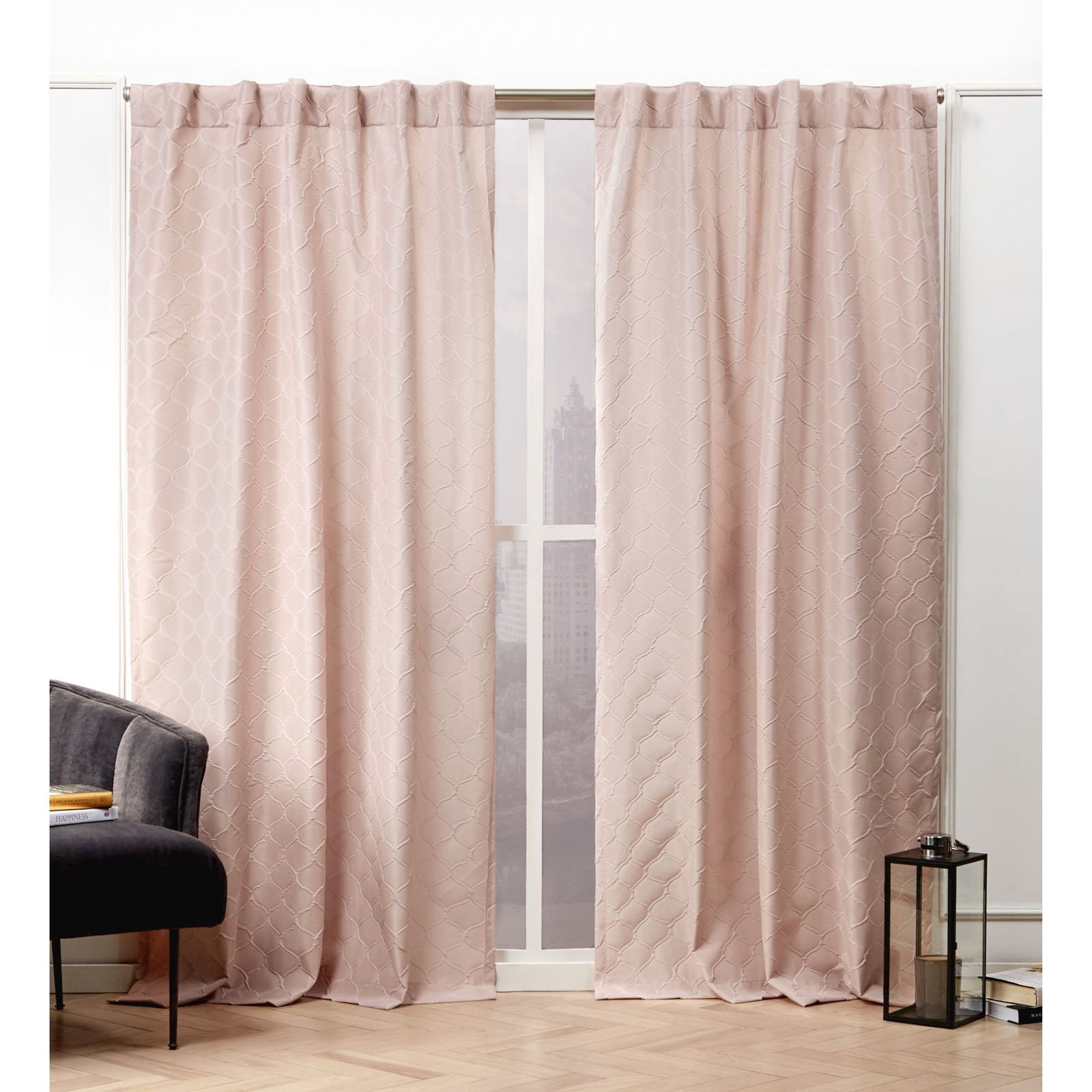 Nicole Miller Trellis Matelassé Hidden Tab/Rod Pocket Top Light Filtering Curtain Panel Pair, 54"x84", Blush