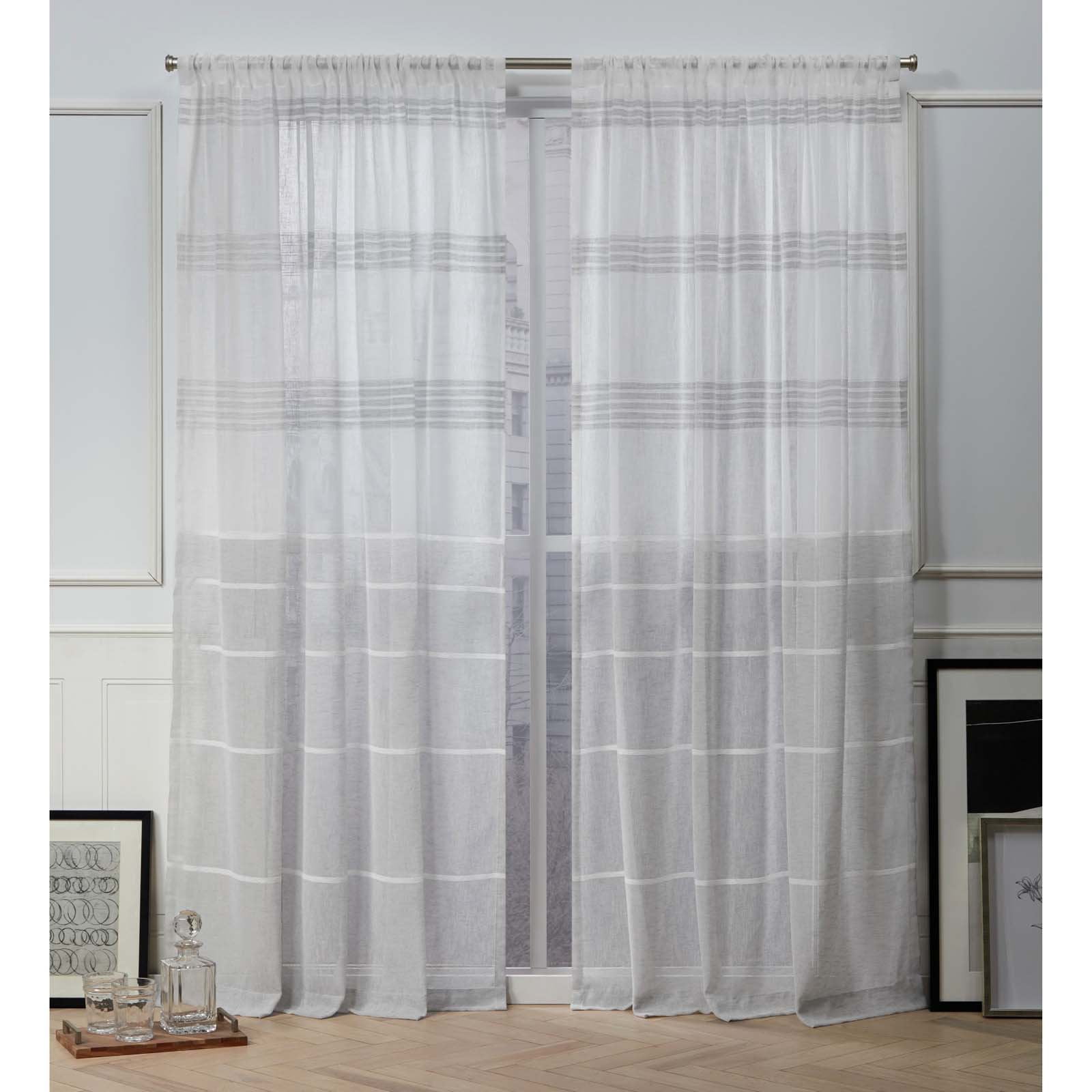 Nicole Miller Wexford Embellished Stripe Sheer Rod Pocket Top Curtain Panel Pair, 54"x84", Silver