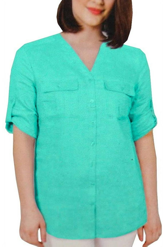 Women's 100% Linen Button Front Roll Tab Top Bermuda, Green, Small