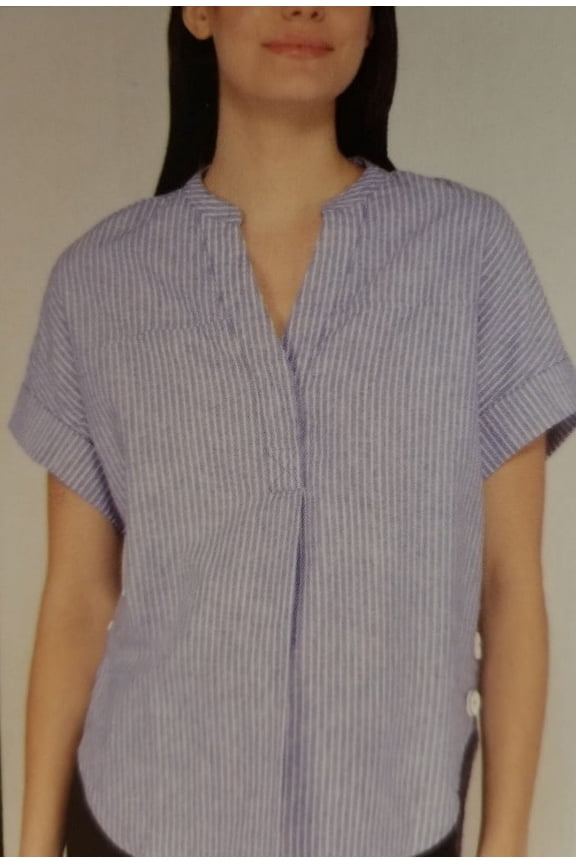 Women's Cap Sleeve V-Neck Linen Blend Top (Medium, Blue)