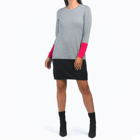 Nicole Miller Women's Crew Neck Cotton Knit Color Block Sheath Sweater Mini Dress-Grey / S