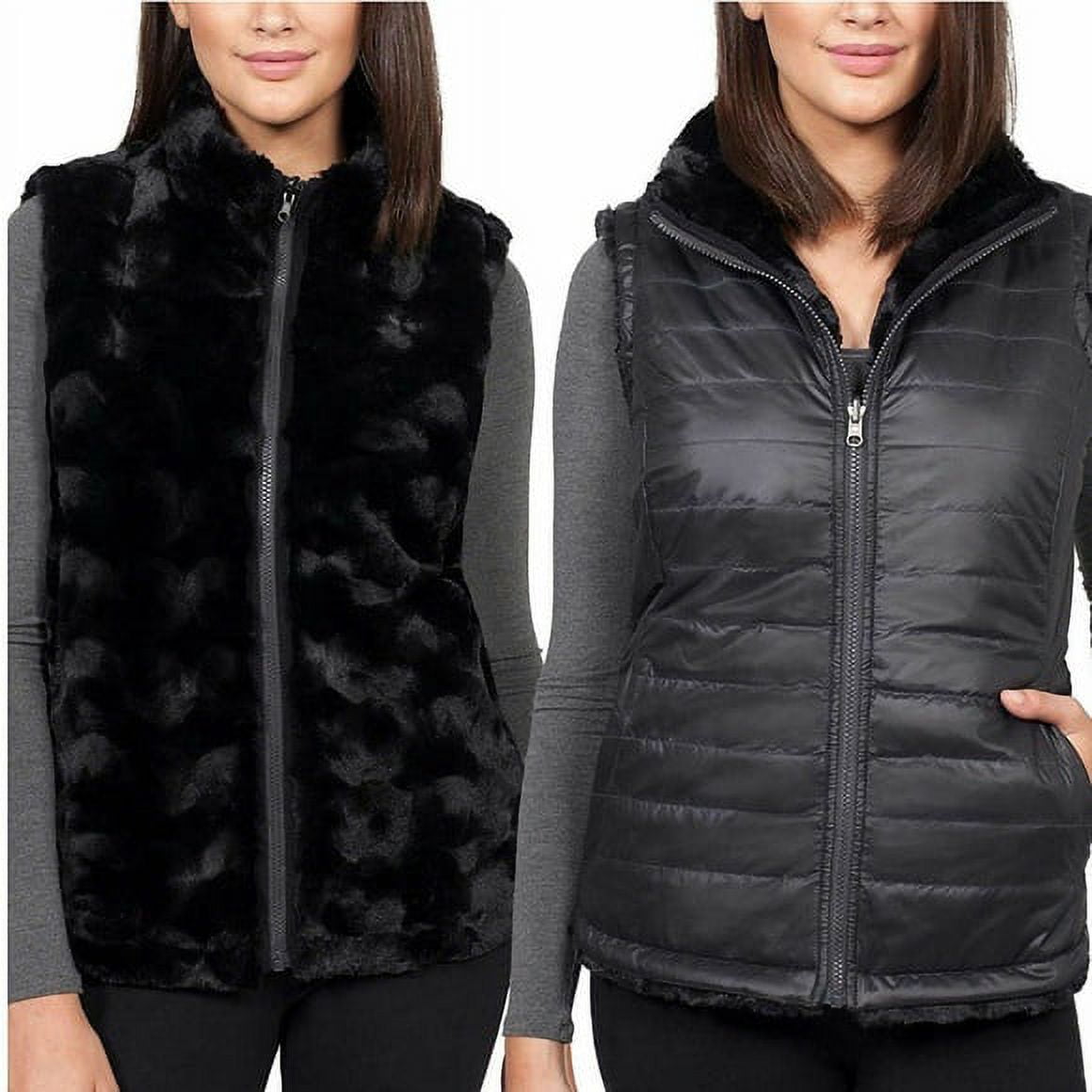 Nicole Miller Women's Faux Fur Reversible Vest, Black Large