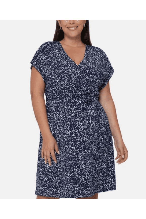 Women's Faux Wrap Knit Stretch Dress, Navy/White, Size XXL