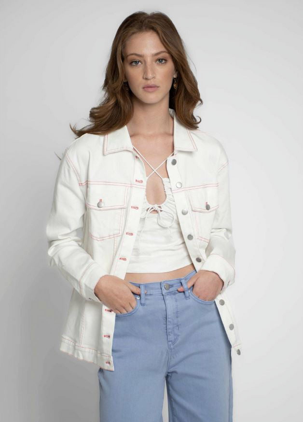 Nicole Miller Women's Ivory Denim Contrast Stitching Jacket