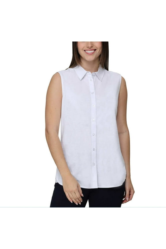 Women's Linen Blend Sleeveless Top Button Front Blouse Tunic-White / L