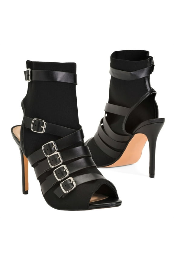 Women's Peep Toe High Heels Buckled Straps Cutout Summer Ankle Booties-Black / 7.5