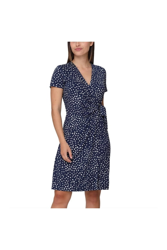 Women's Side Tie Faux Wrap Dress (Navy Polka Dot, XXL)