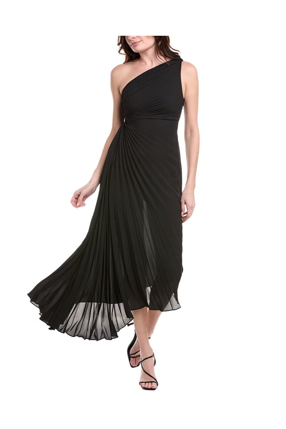 womens  Accordion Pleated One-Shoulder Midi Dress, 4, Black