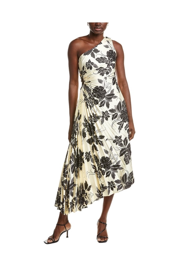 womens Accordion Pleated One-Shoulder Midi Dress, 8